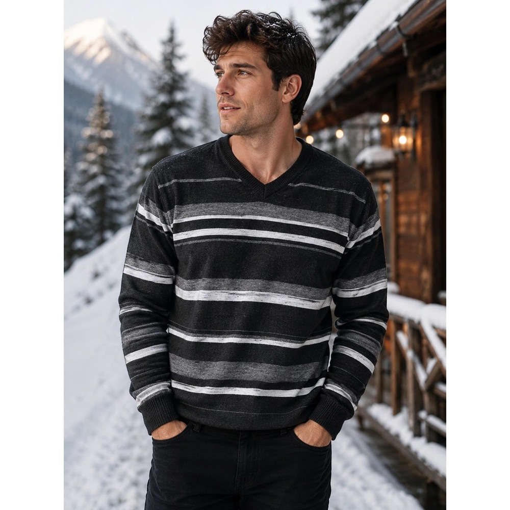 Banana Republic Men's V-Neck Merino Wool Sweater in Black and Gray Stripes